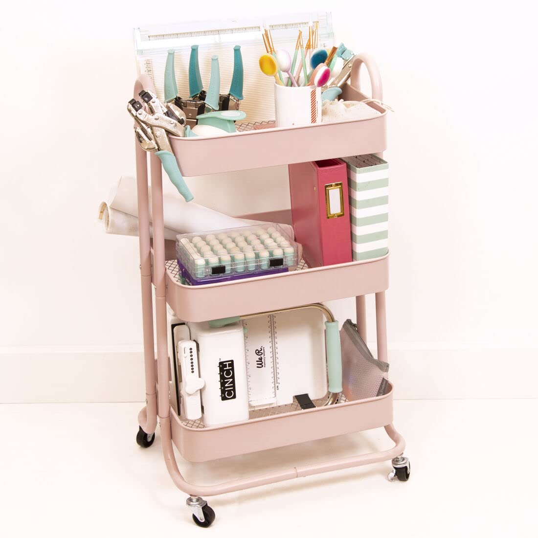 Craftelier Metalowy wózek organizacyjny z 3 tacami, kolor różowy, 4 kółka obrotowe o 360° z hamulcami, przybliżony rozmiar: 78 x 40 cm