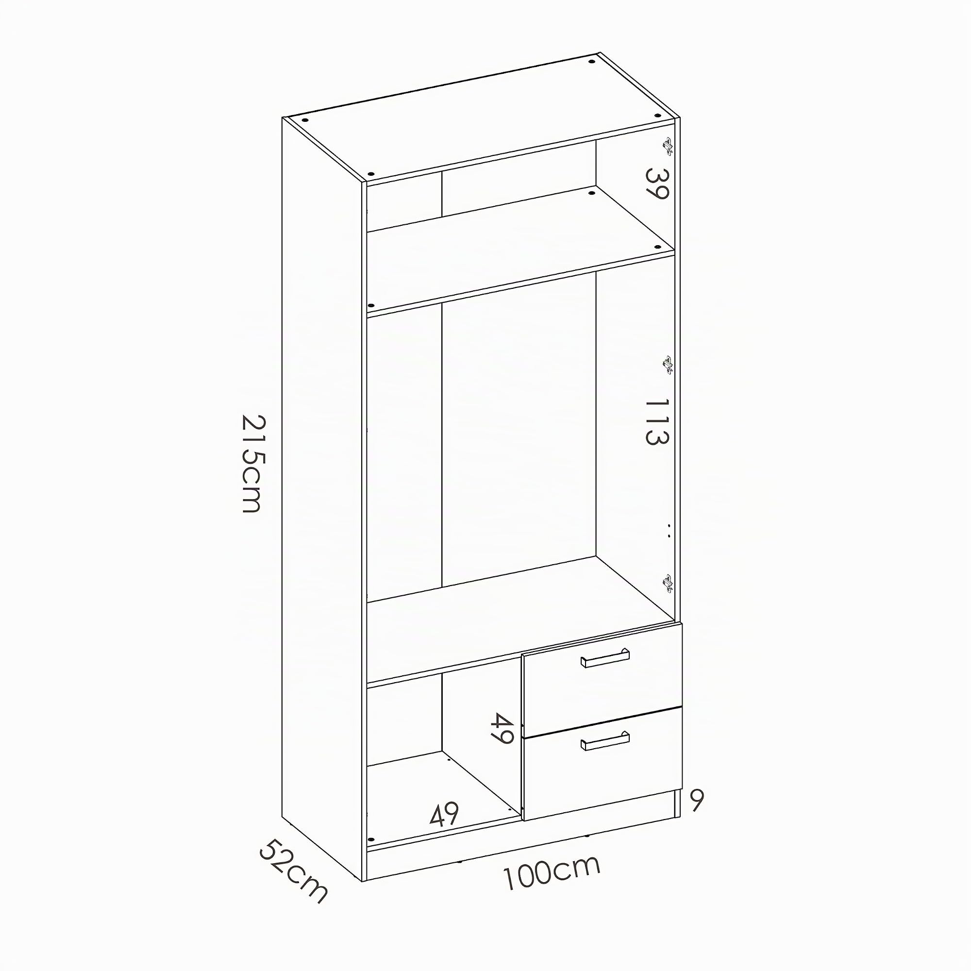 Mobelcenter - Armario 2 Puertas 2 Cajones Maxi - Armario Matrimonio o Juvenil 215 cm de Altura - Acabado Color Blanco - Medidas: Ancho: 100 cm x Fondo: 52 cm x Alto: 215 cm - (1210)