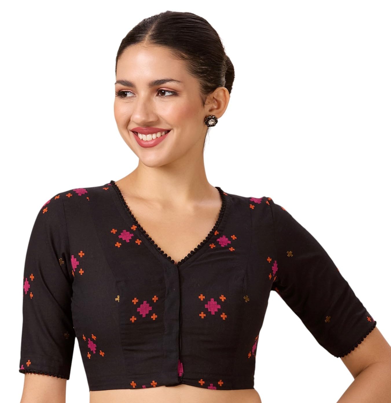 Women's Cotton Multicoloured Ikat Readymade Saree Blouse