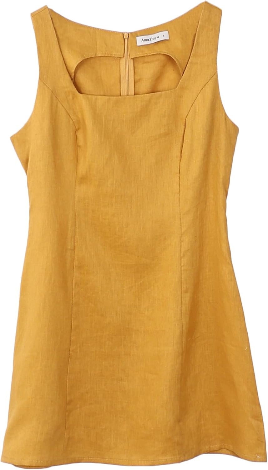 Amazhiyu Women's 100% Linen Summer Square Neck Mini Tank Dresses Sleeveless Casual - Image 6