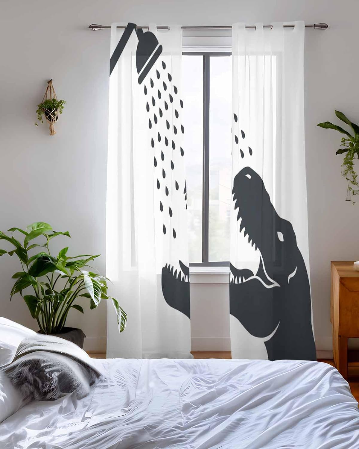 Funny Dinosaur Sheer Curtains 72 Inch Long 2 Panels, Dinosaur Bathing Shower Animal Silhouette Light Filtering Semi Sheer Drapes Grommet Voile Window Curtain for Living Bedroom W52 x L72