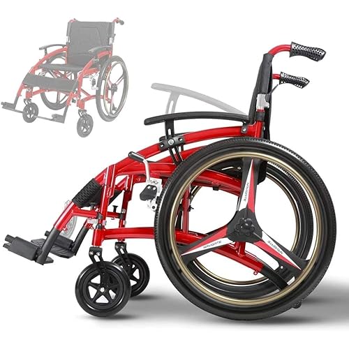 Sports Wheel Chair for Adults, Lightweight Foldable Transport Wheelchair, Self-propelled Manual Wheelchairs Portable Red Shock Absorbing Wheelchair with Handbrake