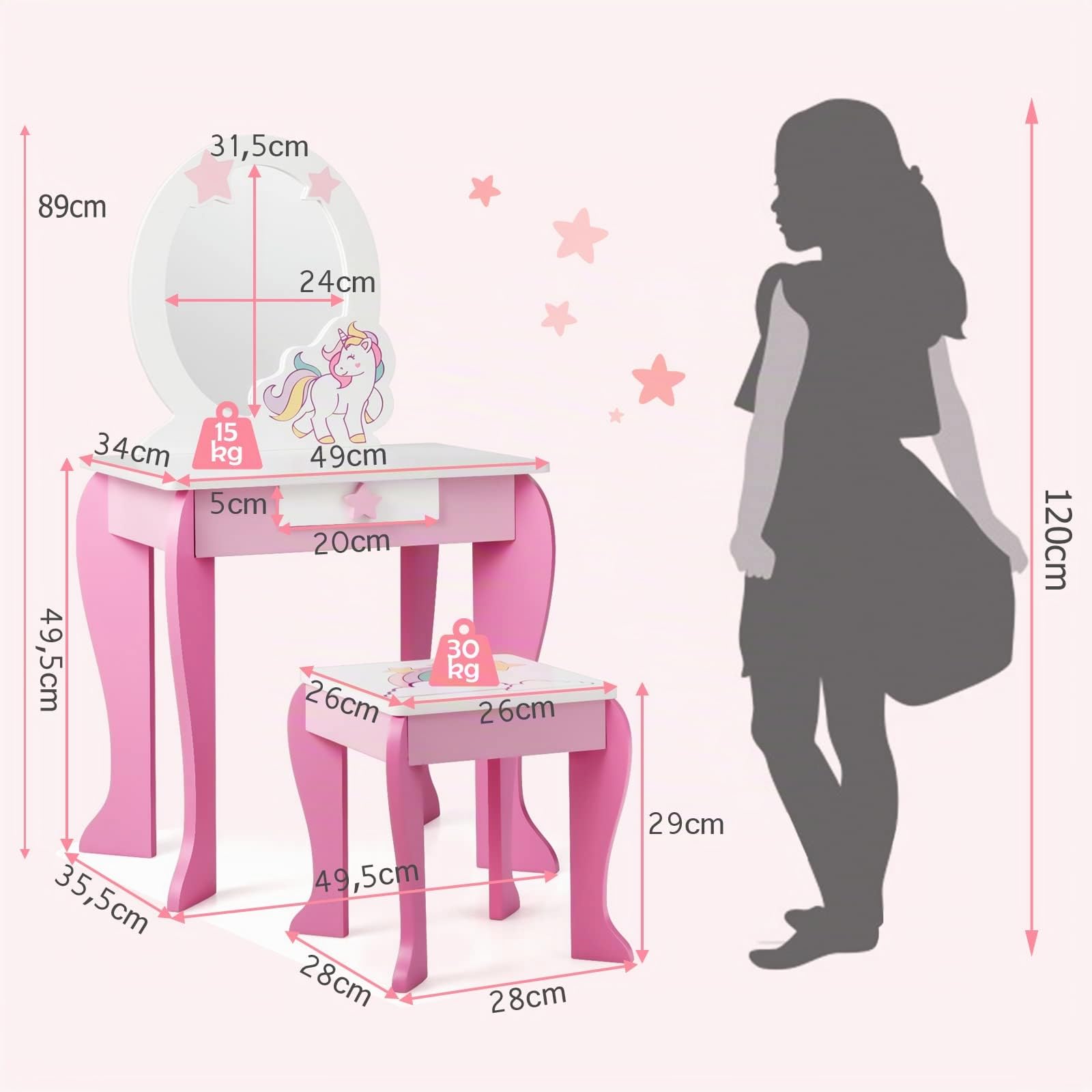 GOPLUS Coiffeuse Enfant Fille, Table de Maquillage avec Tabouret et Miroir Amovible, Table Fille Motif Licorne avec Tiroir, Bureau Coiffeuse, Chambre d’Enfant,49X34X89,5CM (Rose)