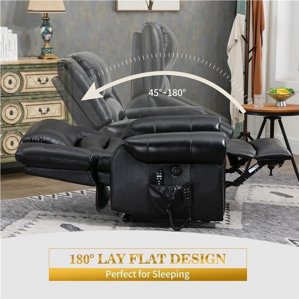 Dual Motor Lift Recliner Sofa Lay Flat for Elderly with Massage Heat Infinite Position USB Ports Genuine Leather Upholstered Support Black
