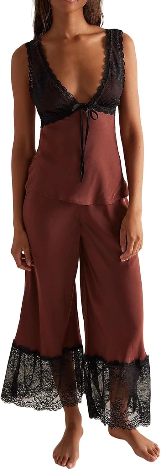 Womens 2 Piece Lace Patchwork Satin Going Out Matching Outfits Sets Y2k Boho Cute Going Out Cami Pants 2pc Set