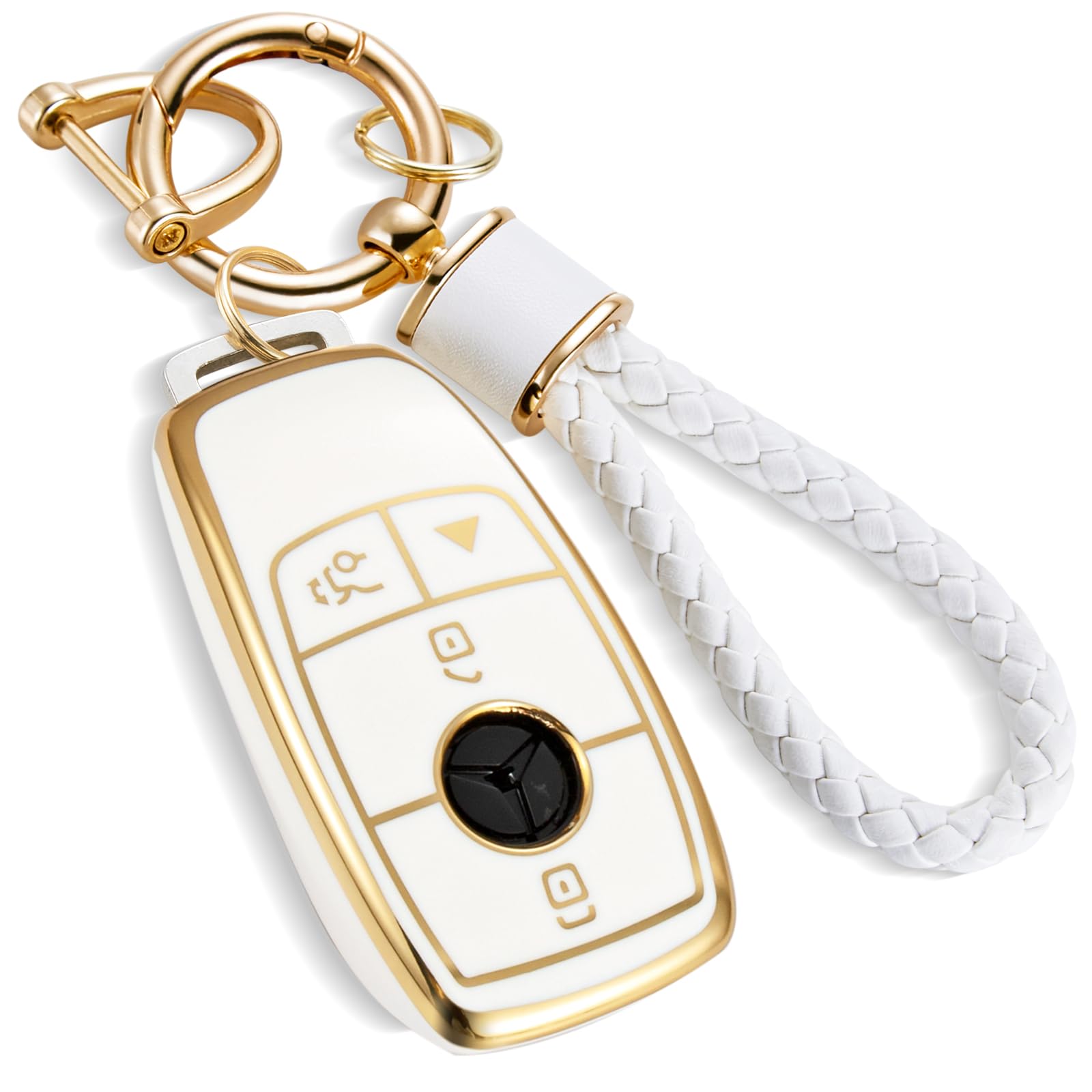 for Mercedes Key Fob Cover with Metal Braided Rope Keychain, Upgraded Soft Case for Benz GLC GLE GLA GLB GLS AMG A C E G S Class (4 Buttons) Shell (Gold Edge, B2)