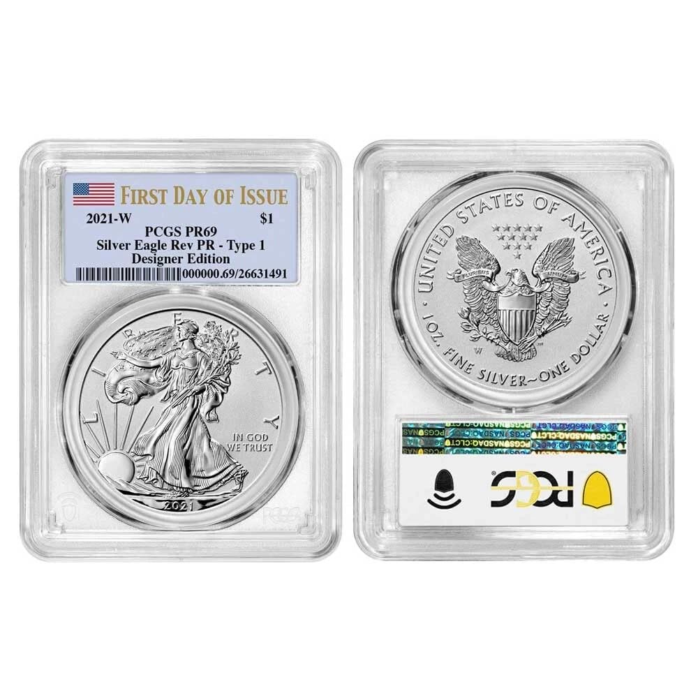 2021 American Eagle One Ounce Silver Reverse Proof Two-Coin Set Designer Edition, PCGS PR69, First Day of Issue, Limited 125,000 Minted