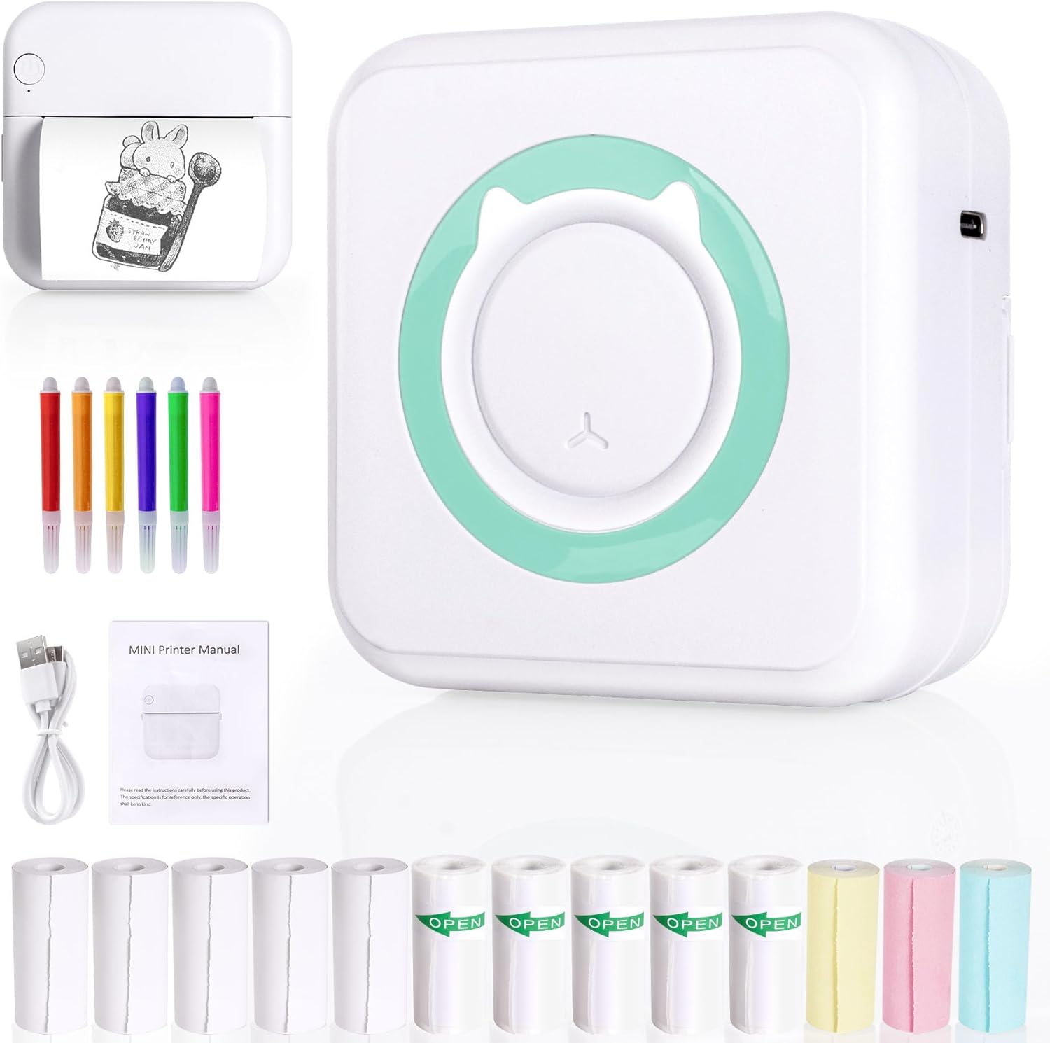 Mini Portable Printer with 14 Rolls Sticker Paper, Pocket Thermal Printer for Photo Travel Memo Scrapbook, Compatible with Phone (WhiteGreen, 1 Printer + 13 Roll Paper)