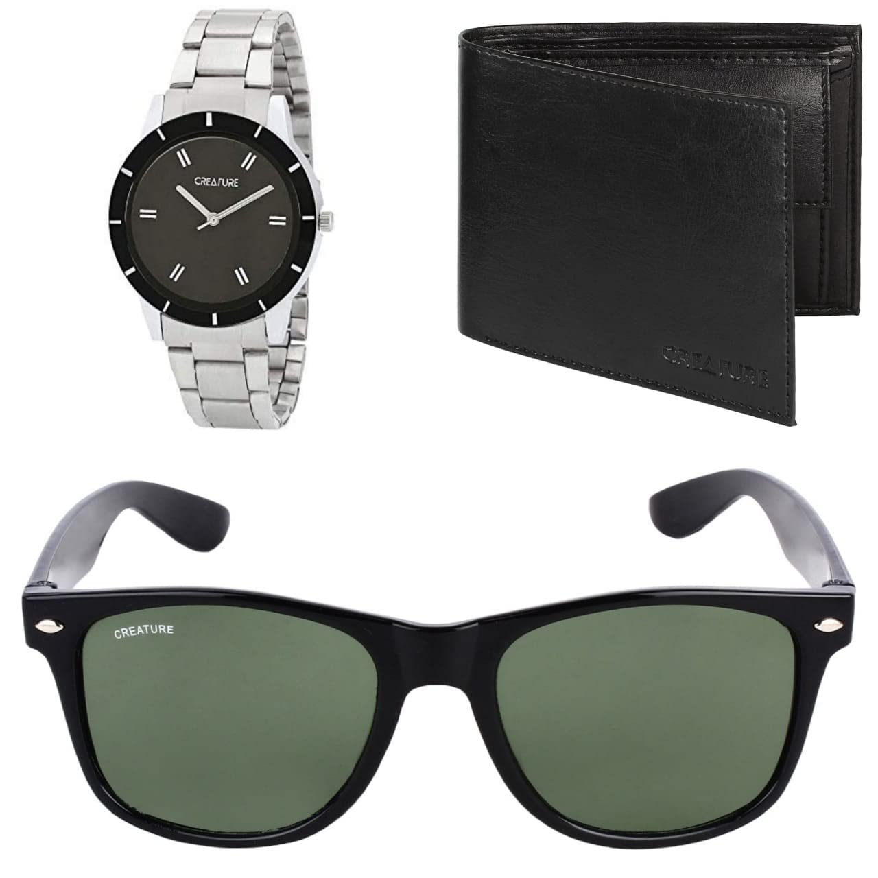 CREATURE Couple Combo Black Dial Analog Watch for Women Black Wallet and Sunglasses(Green Lens and Black Frame) for Men