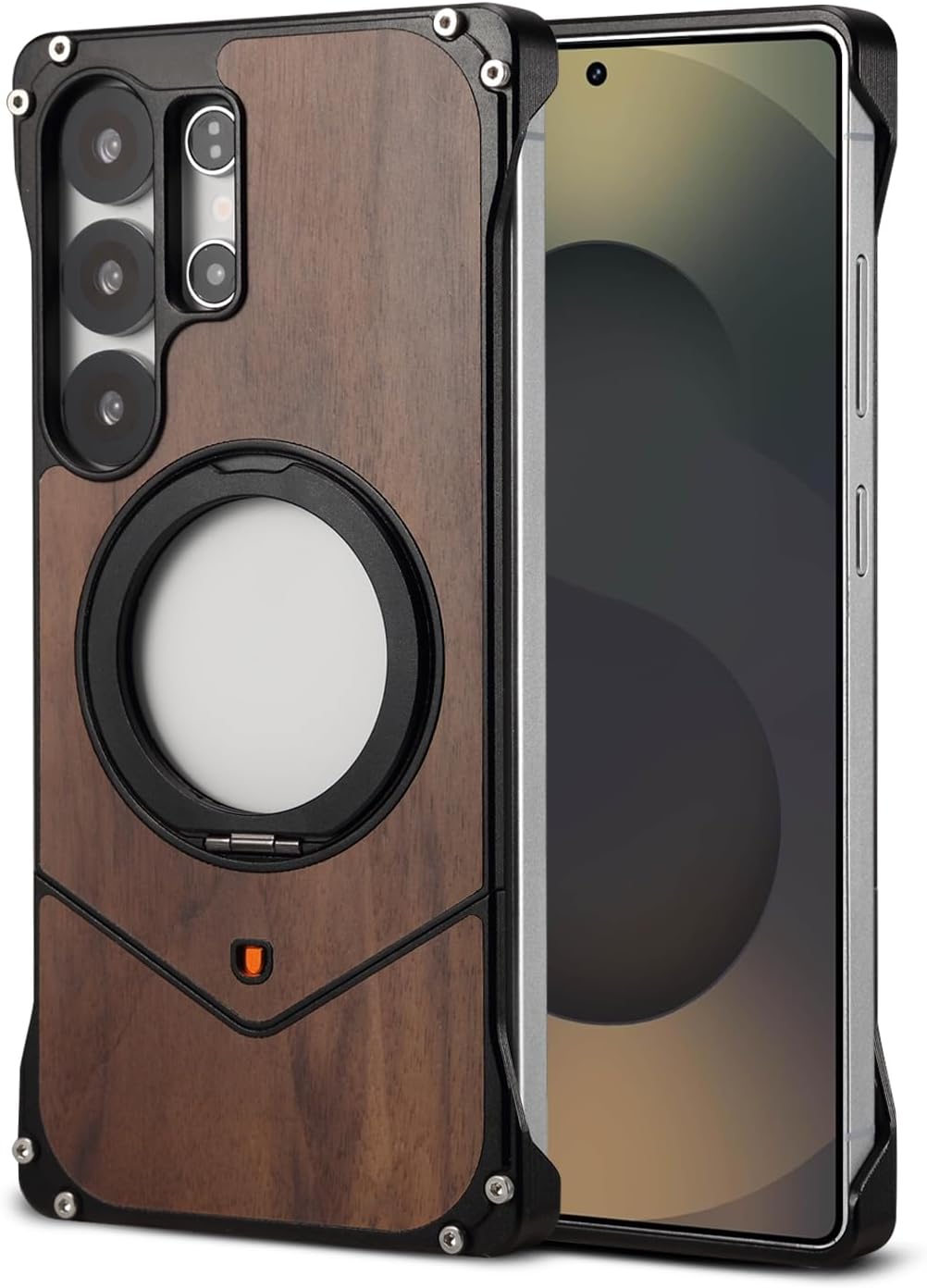 360° Spin Magnetic Stand for Samsung Galaxy S25Ultra Metal Bezel-Less Skeleton Half Wrap Phone Case Solid Wood (Gold, Samsung Galaxy S25 Ultra)