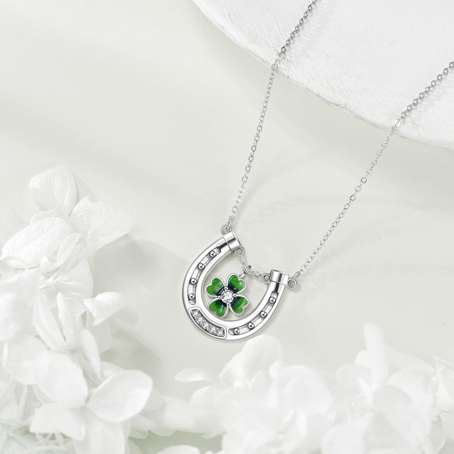 Horseshoe Necklace for Women 925 Sterling Silver Horse Lucky Clover Pendant Four Leaf Clover Jewelry Gift