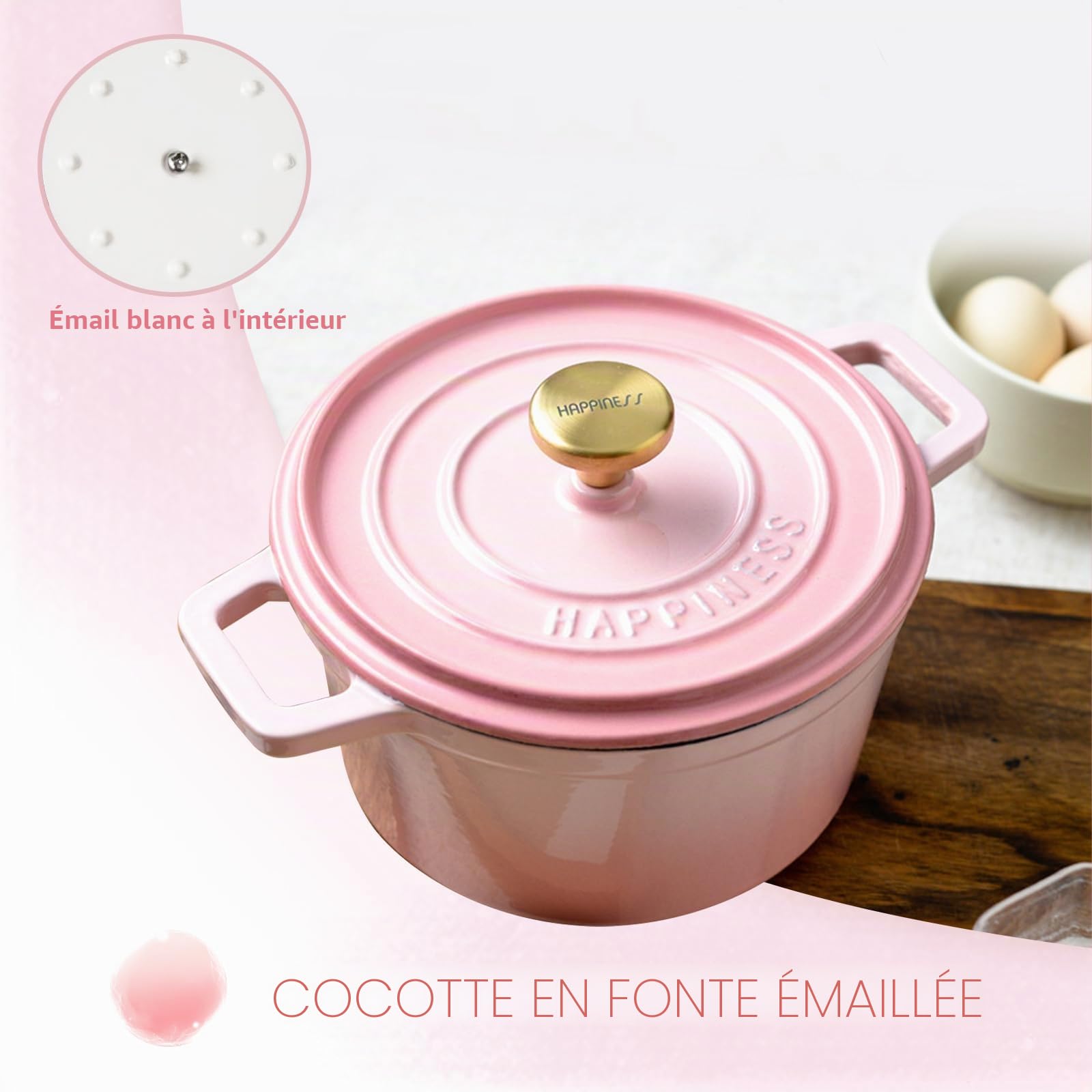 Cocotte en fonte émaillée antiadhésive avec couvercle et 2 poignées pour braiser les ragoûts, rôtir et cuire - Sans danger sur toutes les tables de cuisson (rose)