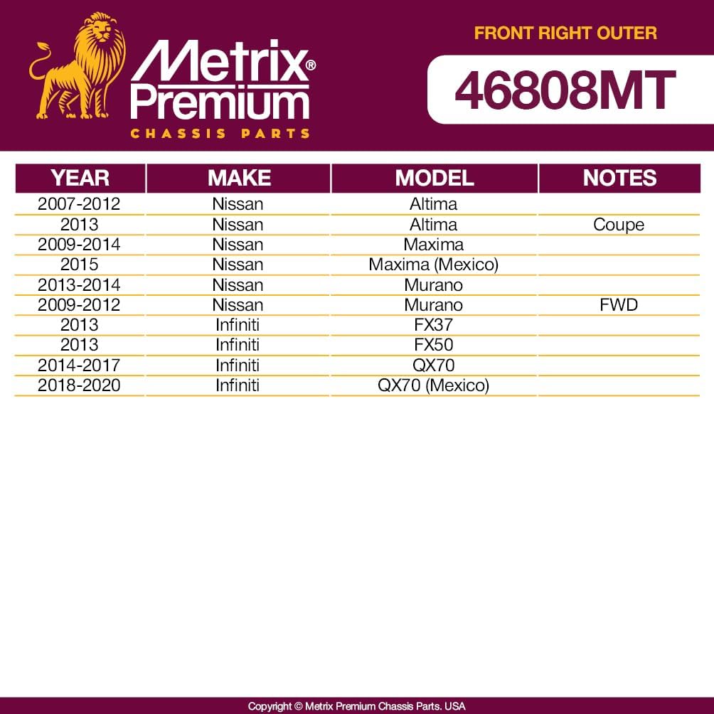 Metrix Premium Chassis Parts - Front Right Outer Tie Rod End Fits 07-13 Nissan Altima, 09-14 Maxima, 15 Maxima (Mexico), 09-12 Murano FWD, 13 Infiniti FX37, FX50, 14-17 QX70, ES800358, Made in Europe