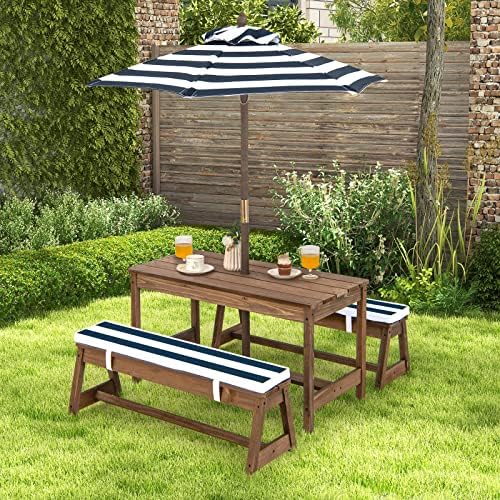 Set di seggiolini per bambini, tavolo da picnic con panche, cuscino e ombrellone, set di seggiolini per bambini in legno, set di sedute per esterni, mobili da giardino per giardino, cortile, terrazza