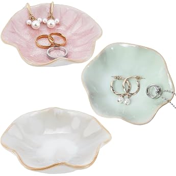 Ceramic Jewellery Tray Pack of 3 Small Ceramic Ring Bowl Leaf Jewellery Tray Jewellery Plate Key Tray for Home Decor Jewellery Storage Pink White Green