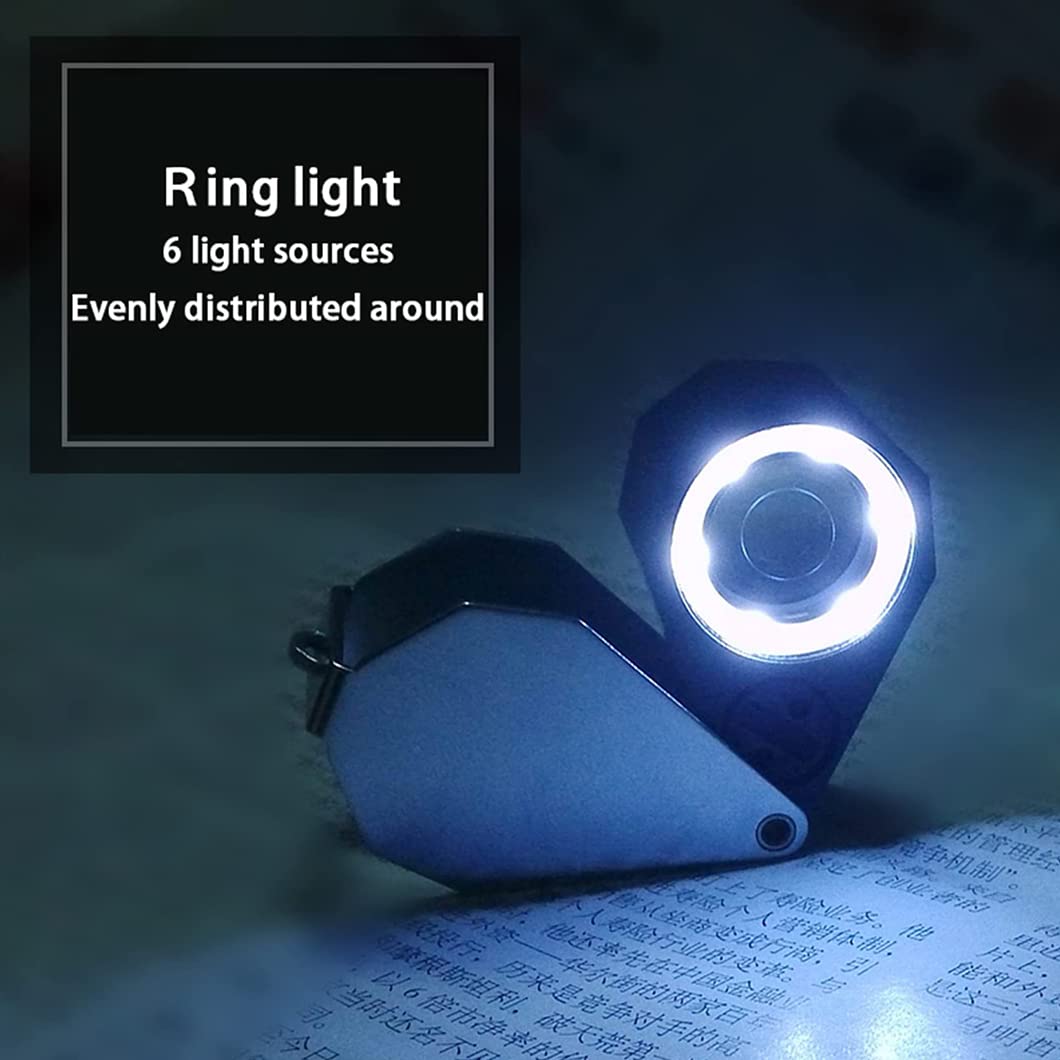 Mini-Lupe aus Edelstahl, Metall, faltbar, Taschenlupe mit 6 LED-Leuchten, beleuchtete Juwelierlupe zum Löten, Prüfen, Münzen, 30-fache Vergrößerung (einfarbig, 30-Fach).