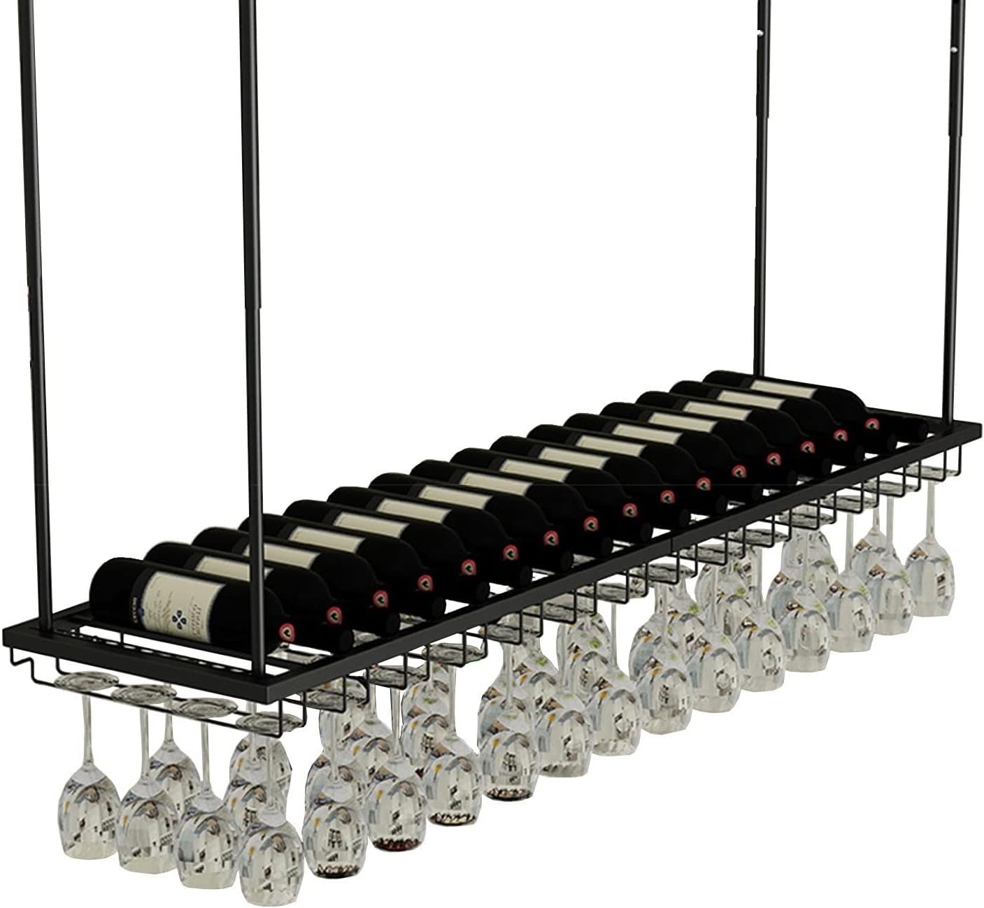 Ceiling Hanging Wine Bottle Rack with Stemware Holder Black Iron Art Upside Down Glass Rack for Restaurants and Kitchens Bar Storage Display Wine Shelf.