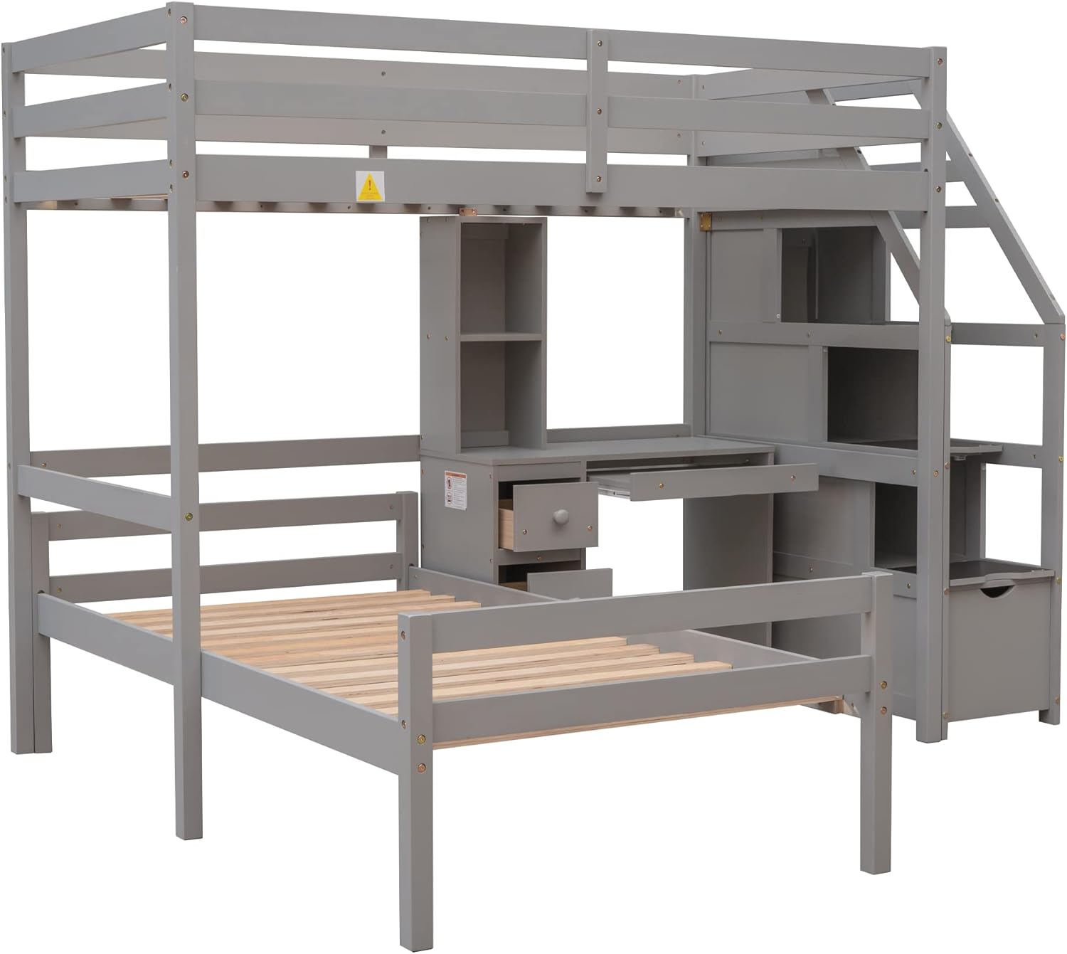 Twin Size Loft Bed with a Stand-Alone Bed, Storage Staircase, Desk, Shelves and Drawers, Gray