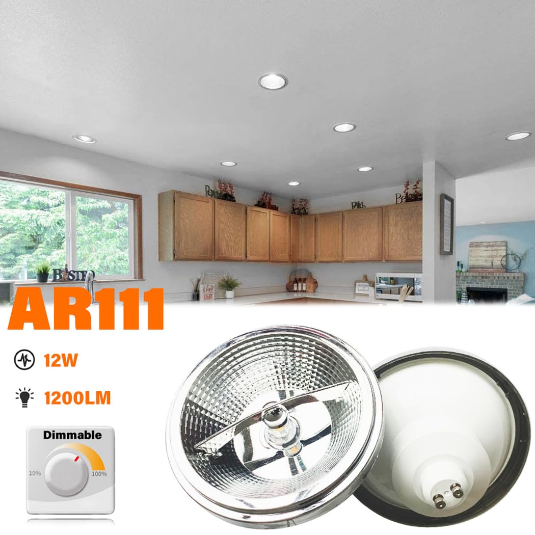 Paquete De 6 Bombillas Led Ar111 Regulables, 12 Vatios, COB, 1200 Lúmenes, Reflector, Base Gu10, Ángulo De Haz De 120° Y Ajuste De Brillo.(3000K)