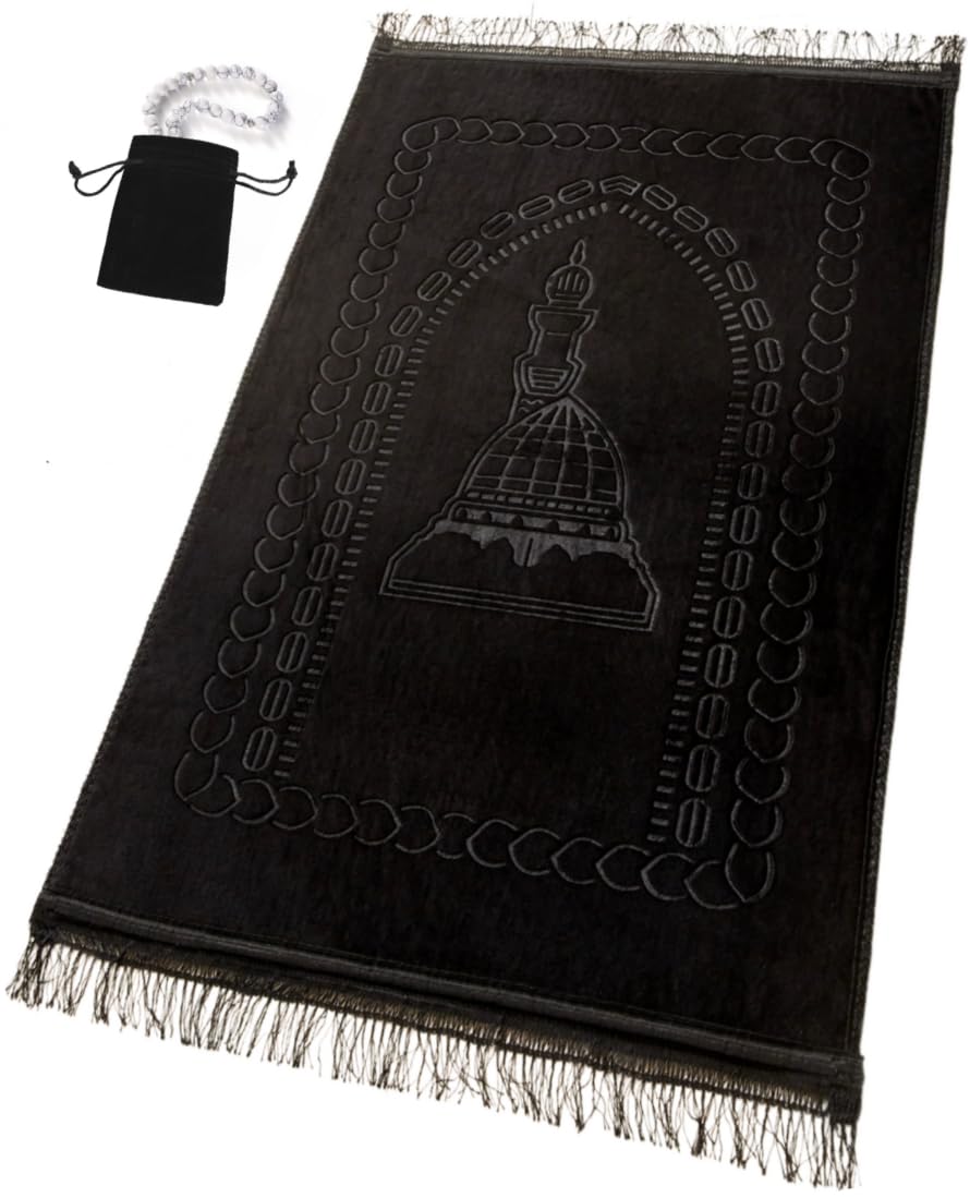 Durable Prayer Rug Muslim Mat Islamic - Luxurious Velvet Prayer Rug Sajadah for Kids Men Women for Eid Travel Ramadan, Soft and Luxury (Black)