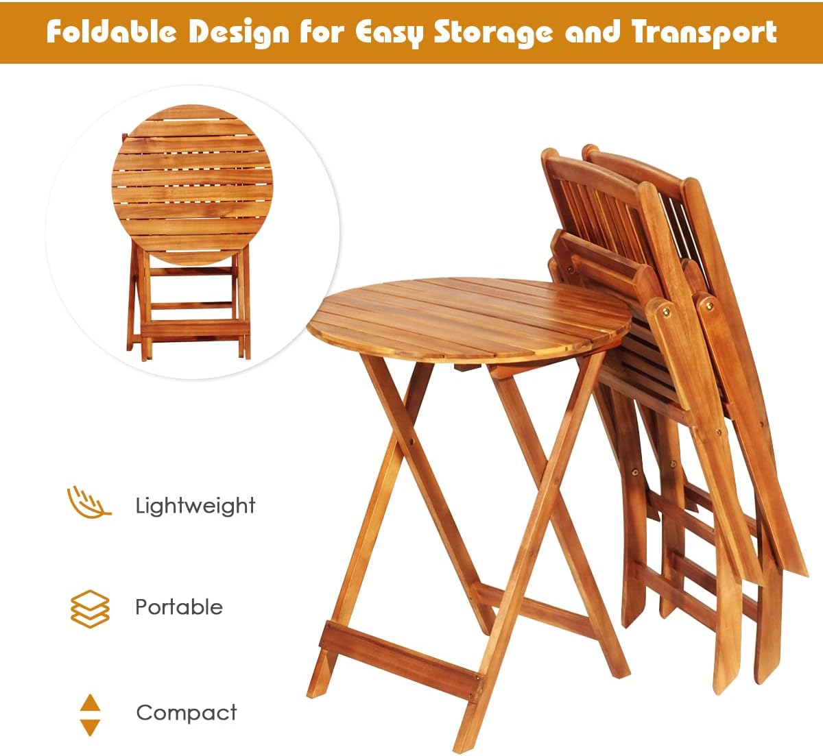 S AFSTAR Bistro Table and Chairs Set of 2, Acacia Wood Folding Table Chairs Set with Round Coffee Table & Padded Cushion, Small Table Set for 2 Outdoor Porch Patio Poolside Balcony (Red)