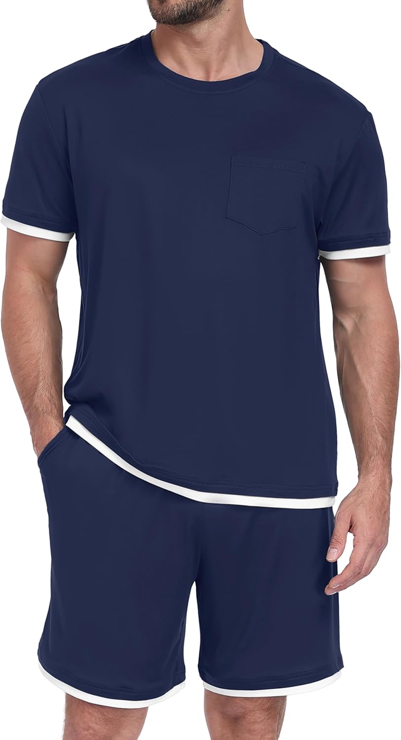 PrinStory Mens Pajamas Set 2 Piece Summer Pajama Sets Lightweight and Comfy Pjs Set Short Sleeve Loungewear with Pockets
