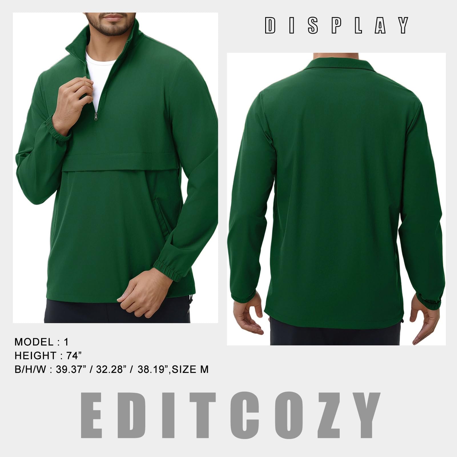 EDITCOZY Chaqueta cortavientos ligera con cremallera de un cuarto para hombre, para correr, golf, con 3 bolsillos