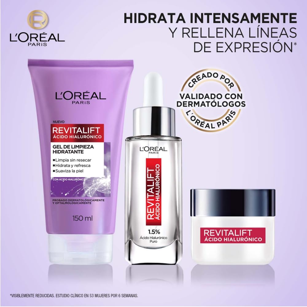 L'Oreal Paris Rutina facial hidratante Revitalift Ácido Hialurónico (3 piezas): Sérum facial 30ml + Gel limpiador 150ml + Crema de día FPS20 50ml. Hidrata y rellena líneas de expresión, para todo tipo de piel Imagen del producto 3