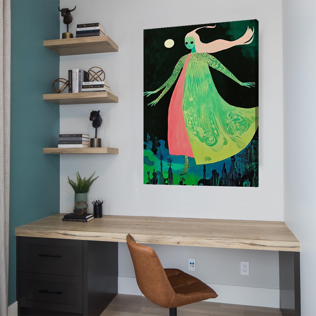 CHERHERART Affiche de femme éclairée par la lune Style surréaliste sur toile Art mural Tirages mystiques de nuit Œuvres d’art pour chambre Salle à manger Salon 70x110cm Sans cadre