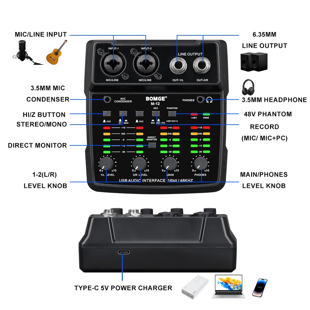 BOMGE Interfaz de audio USB M12, mezclador de 2 canales, entrada XLR/3.5 mm, fuente de alimentación de 48 V, tarjeta de sonido para grabación de PC, estudio, espectáculo en vivo, karaoke, Plug & Play