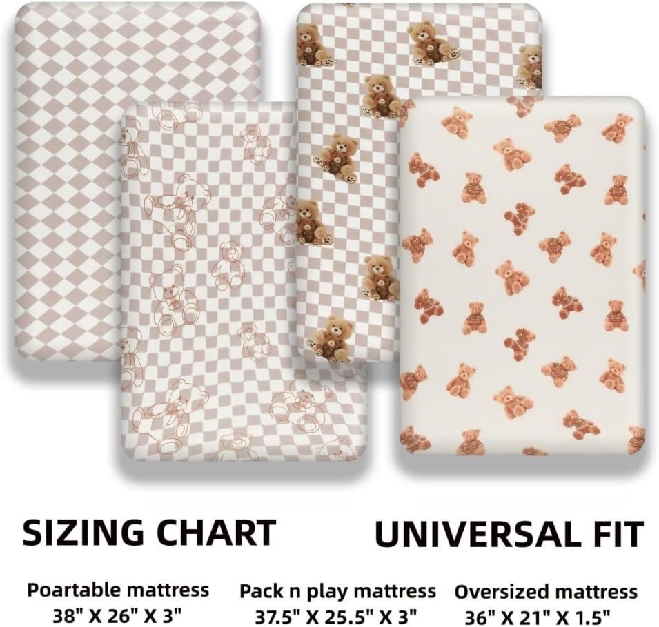 Fitted Baby Neutral Pack N Play Sheets Mini Crib Sheets Bear and Buffalo Check Plaid Breathable Unisex Baby Sheet Set for Boys or Girls