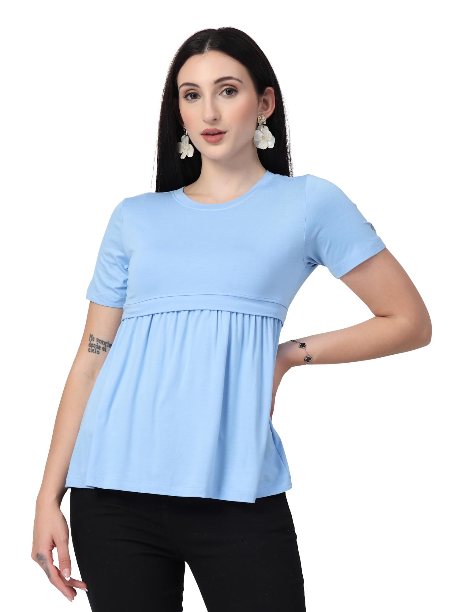 95% Viscose 5% Elastane Maternity Zipless Feeding Top | Stretchable Nursing Wear with Gathered Front | Soft Breathable Pregnancy & Postpartum Feeding Top for Women-image-3