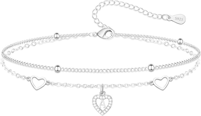 S925 Double Layer Heart Initial Letter Bracelet for Women Girl Jewelry Gift | 925 Sterling Silver Alphabet A-Z Charm Adjustable Double Layered Bracelets Birthday Gifts For Mum Daughter Sister Girlfriend