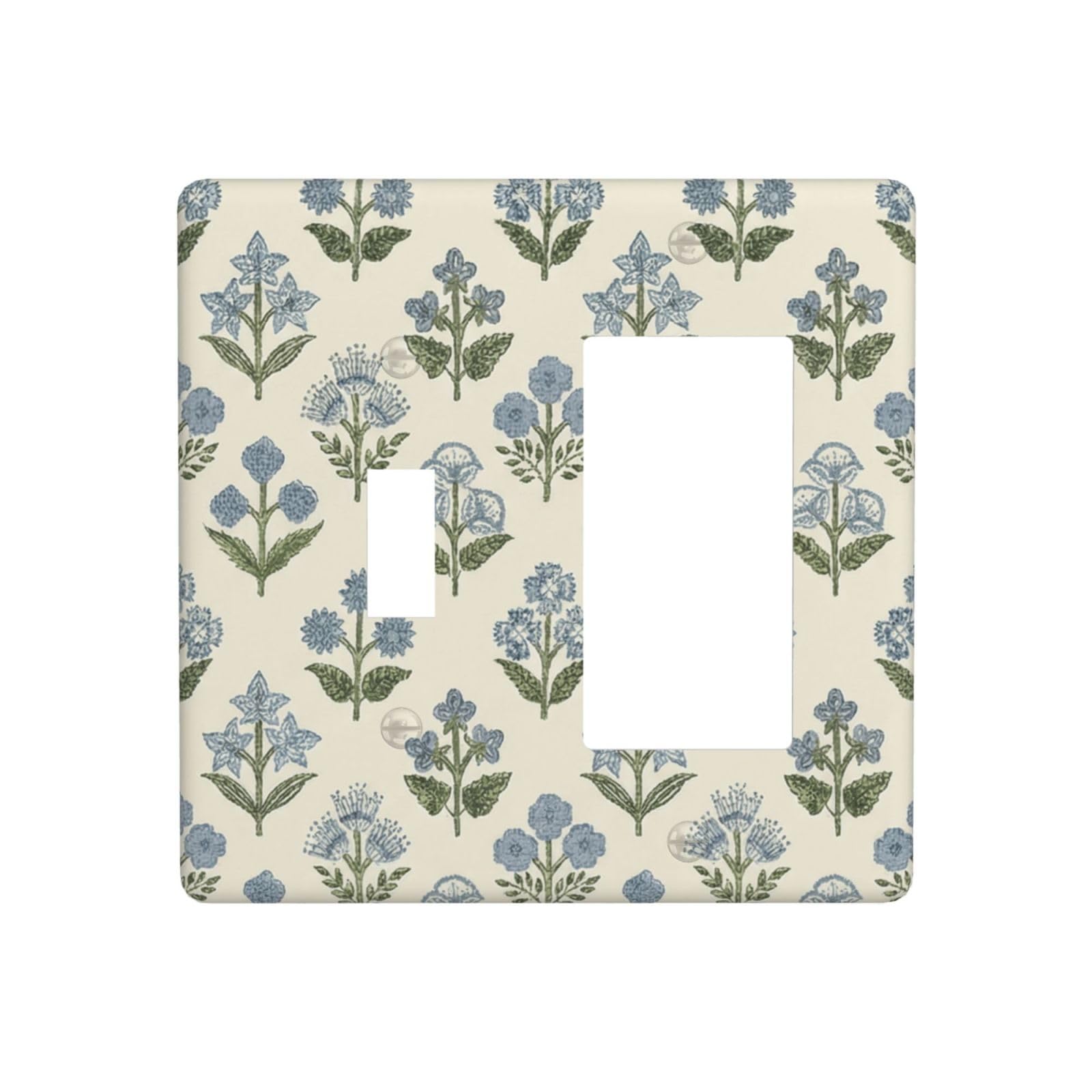 Beige Vintage Blue Floral Boho Flower 2 Gang Single Toggle/Rocker Combination Light Switch Cover Decorative Combo Switch Wall Plate Cover Electrical Faceplate Room Decor