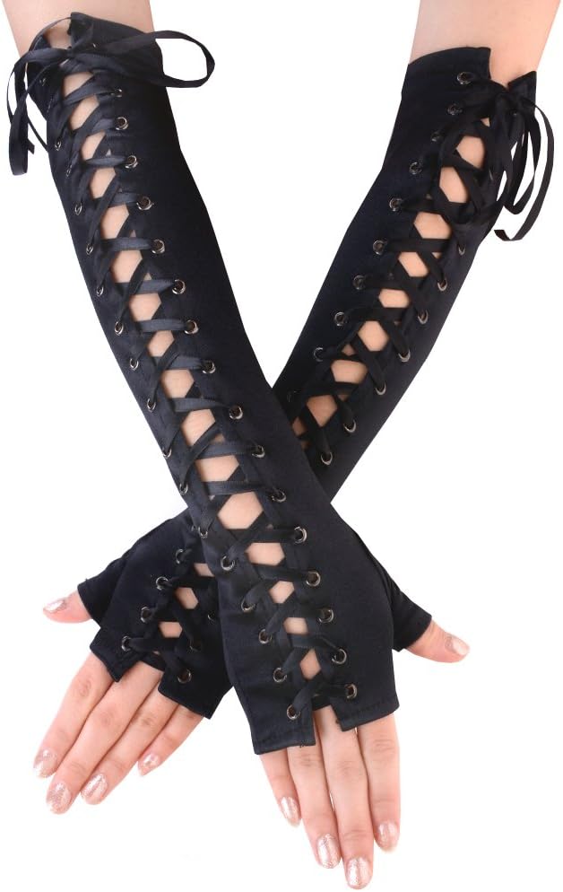 JISEN Womens Full Length Fingerless Lace Up Arm Warmer Satin Gloves Black