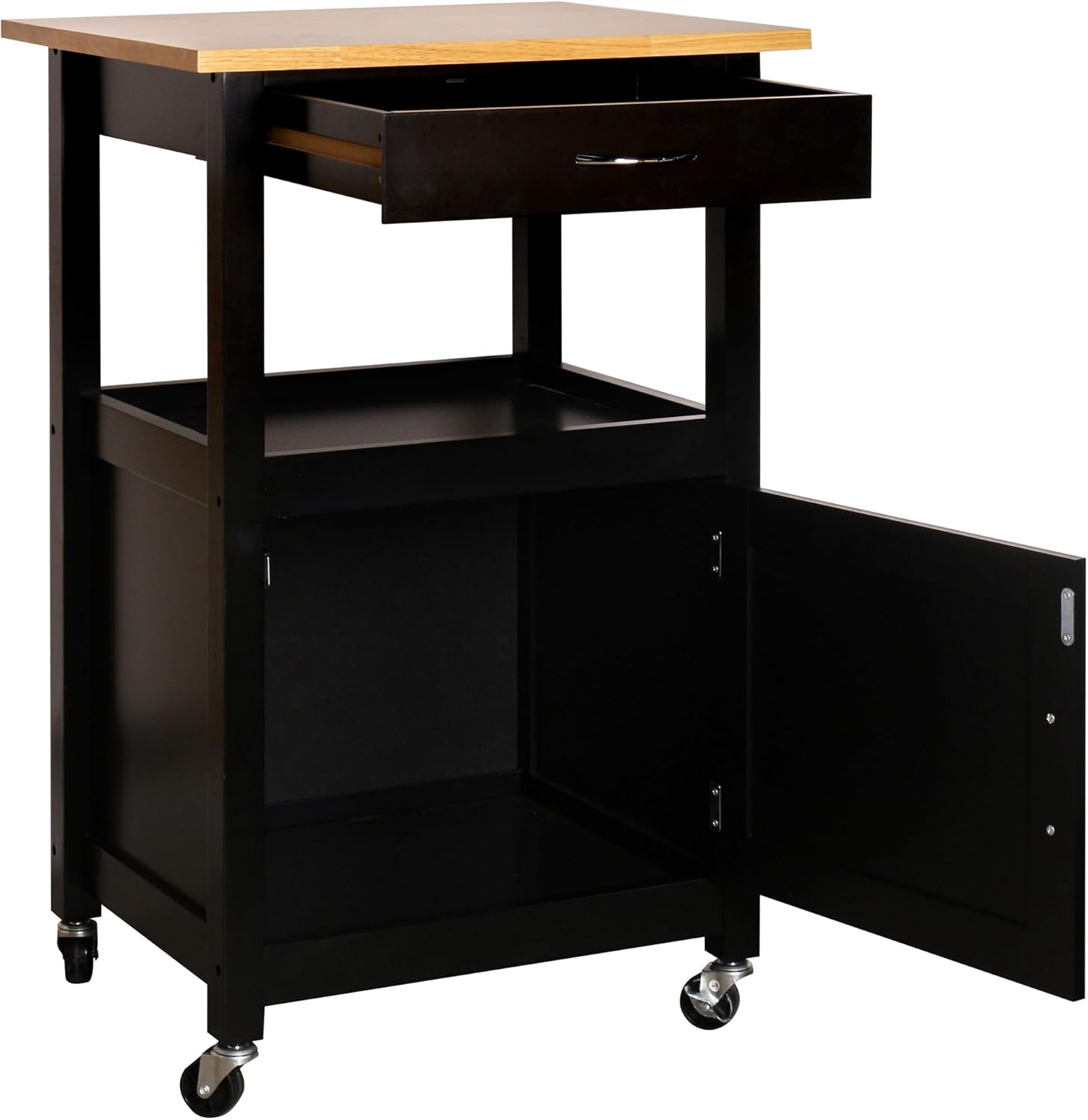 eHemco Kitchen Island Cart on Wheels with Drawer, Storage Cabinet, Shelf and Natural Solid Hardwood Top, Black Base