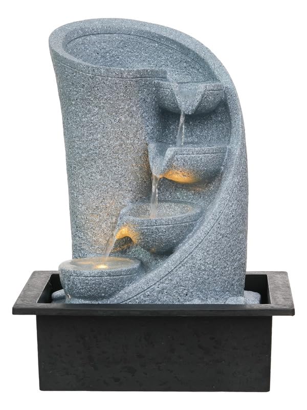 Image of Polyresin Table Top Grey Color Indoor 3 Designer Steps Waterfall Fountain for Home Decor with Yellow LED Lights & Water Flow Controller Pump (Size: 38 x 29.5 x 22CM | Weight: 1750grm)