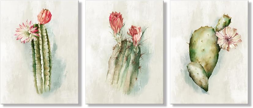 Green Cactus with Flower Pictures Succulent Wall Art Watercolor Botanical Plant Paintings Cacti Pictures for Kitchen Home Wall Decoration 12x16Inchx3pcs