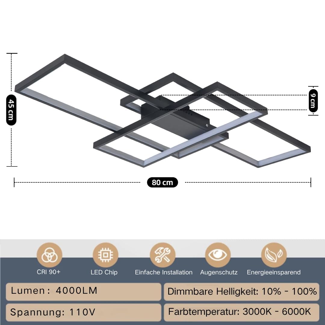 LED Deckenleuchte Modern Design Deckenlampe Wohnzimmer, 65W Dimmbar WohnzimmerLampe Decke Mit Fernbedienung, Rechteckig Deckenleuchte Schwarz Für Schlafzimmer Küche Wohnzimmer Beleuchtung, 80cm