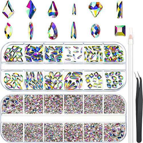 120 Pieces Multi Shapes Glass Crystal AB Rhinestones and 3000 Pieces AB Nail Art Rhinestones Flatback Gems Diamond Stone with Rhinestone Picker Dotting Pen and Tweezer for Nail Art Craft Clothes Shoes