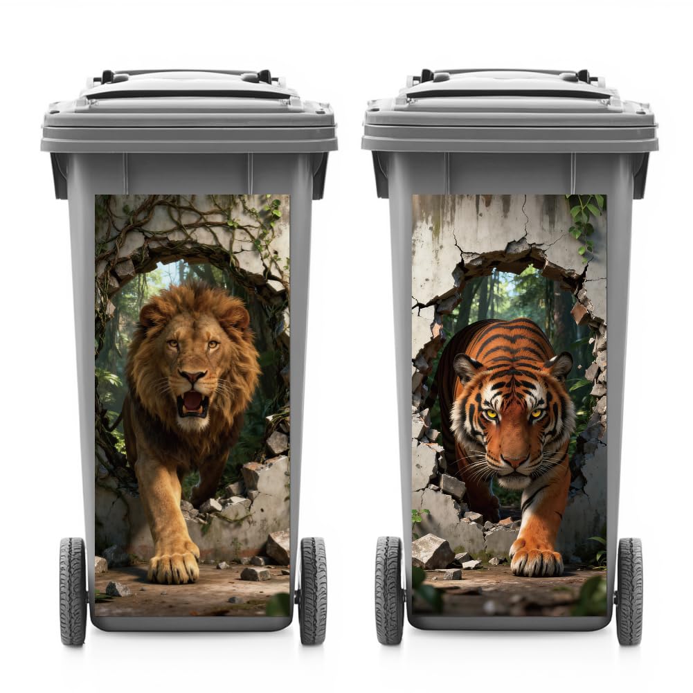 ANATTASOUL 2 Sheets Animal Wheelie Bin Stickers Broken Wall Lion and Tiger Waterproof Dustbin Covers Decor, 14.9"x 32.2" Adhesive Large Decal for Bins, Fridge, Wall, Garden Outdoor, Indoor Decoration