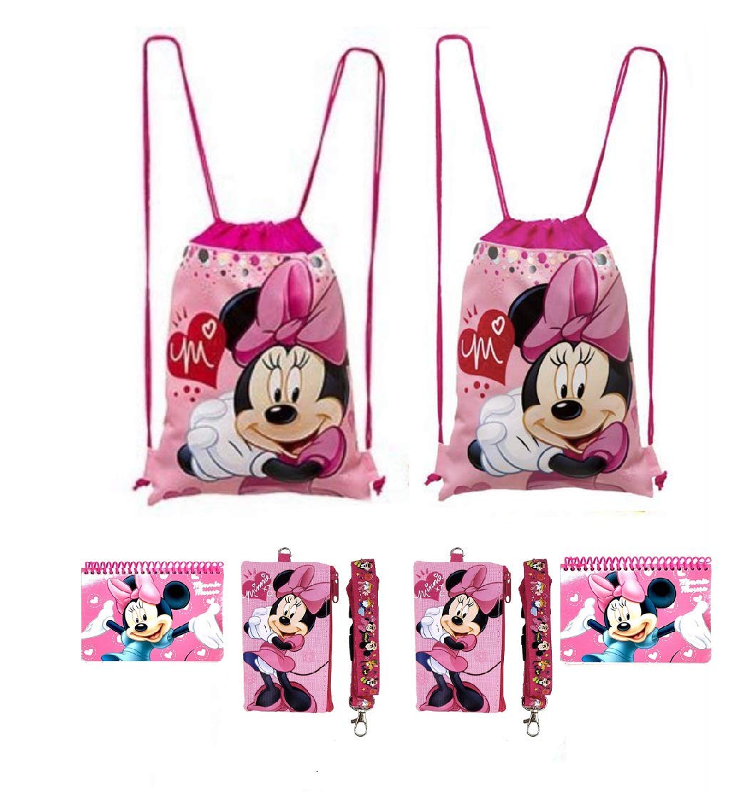D i s n e y Mickey and Minnie Mouse Drawstring Backpacks Plus Lanyards with Detachable Coin Purse and Autograph Books (Set of 6) (Pink - Pink)