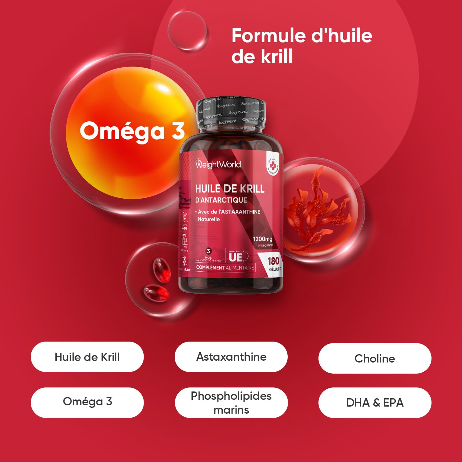 Huile De Krill Antarctique 1000mg - Riches En Omega-3 (EPA & DHA) & Astaxanthine - 30/60/120 Capsules - Bunkell