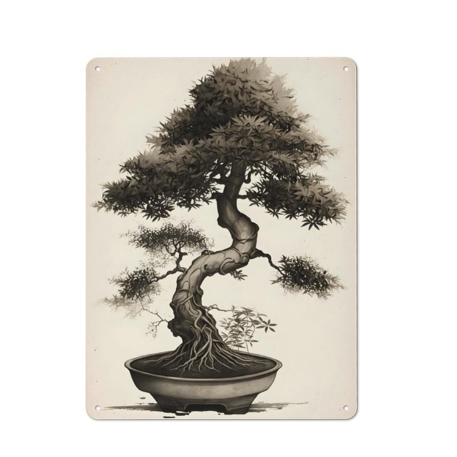Junmoney Ink Wash Bonsai Tree Tin Sign 40X30cm For Café Or Home Bar, Rustic Wall Decor, For Garage, Workshop And Man Cave Decoration