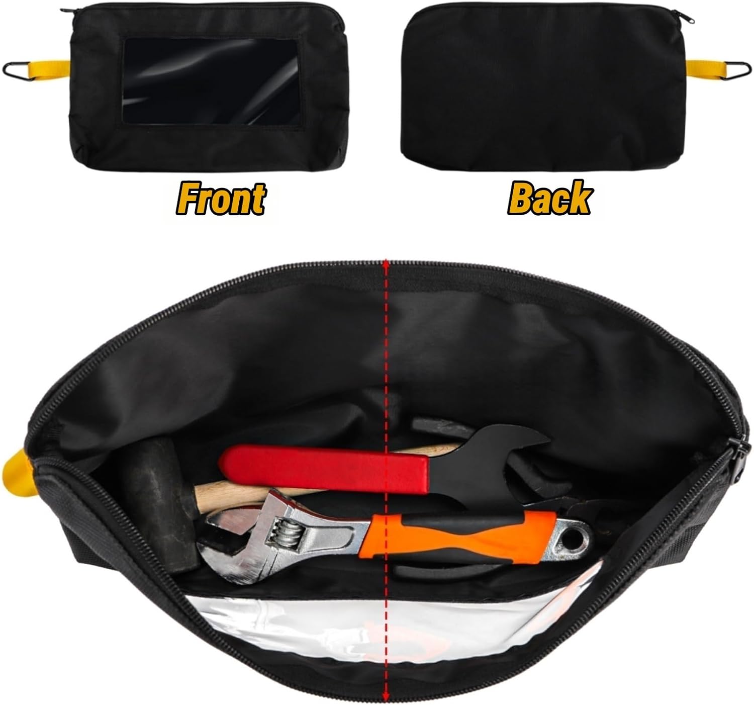 3 Pack 12.5 Inch Small Tool Pouch with Clear Window, 1680D Oxford Heavy-Duty Tool Bags Organizer with Belt Clip, Utility Zipper Pouches for Tool Organizers and Storage, Electricians