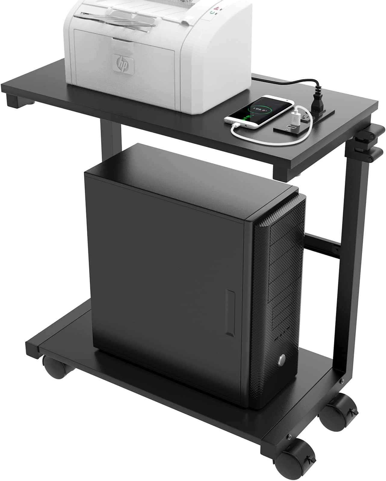 Computer Tower Cart and PC Stand - Stepless Height Adjustable, Under Desk CPU Stand - 2 Tier with Socket and USB Charging Port
