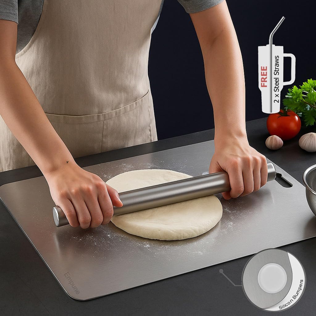 Rectangle 304 Stainless Steel Chopping Board | with 2 Steel Straw & Anti-Skid Silicon Pads | Non Slip | for Cutting Vegetables, Meat,Fish,Fruits | X-Large | 50 x 31 cm