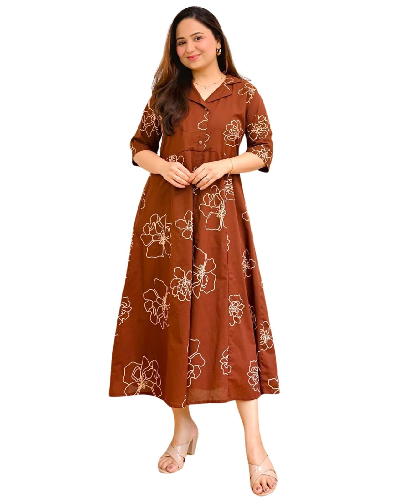 Woman's Rayon Floral Printed A-Line Flared Kurti, Collor Nack, 3/4 Sleeves, Casual Dress-picture-50