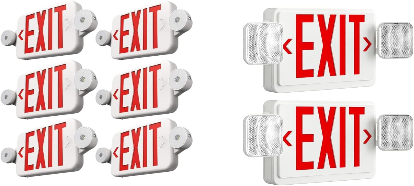 FREELICHT 6 Pack Red Exit Signs with Emergency Lights, 2 Pack LED Exit Sign with Emergency Lights, Adjustable LED Emergency Exit Lights with Battery Backup