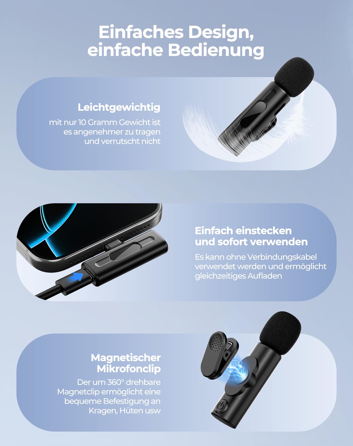 Kabelloses Lavalier-Mikrofon mit KI-Tonverbesserung, Einfach zu Bedienen Ideal für Live-Streaming, Videoaufnahmen und Interviews im Innen- oder Außenbereich Perfekt für YouTube TikTok und Vlog Schwarz